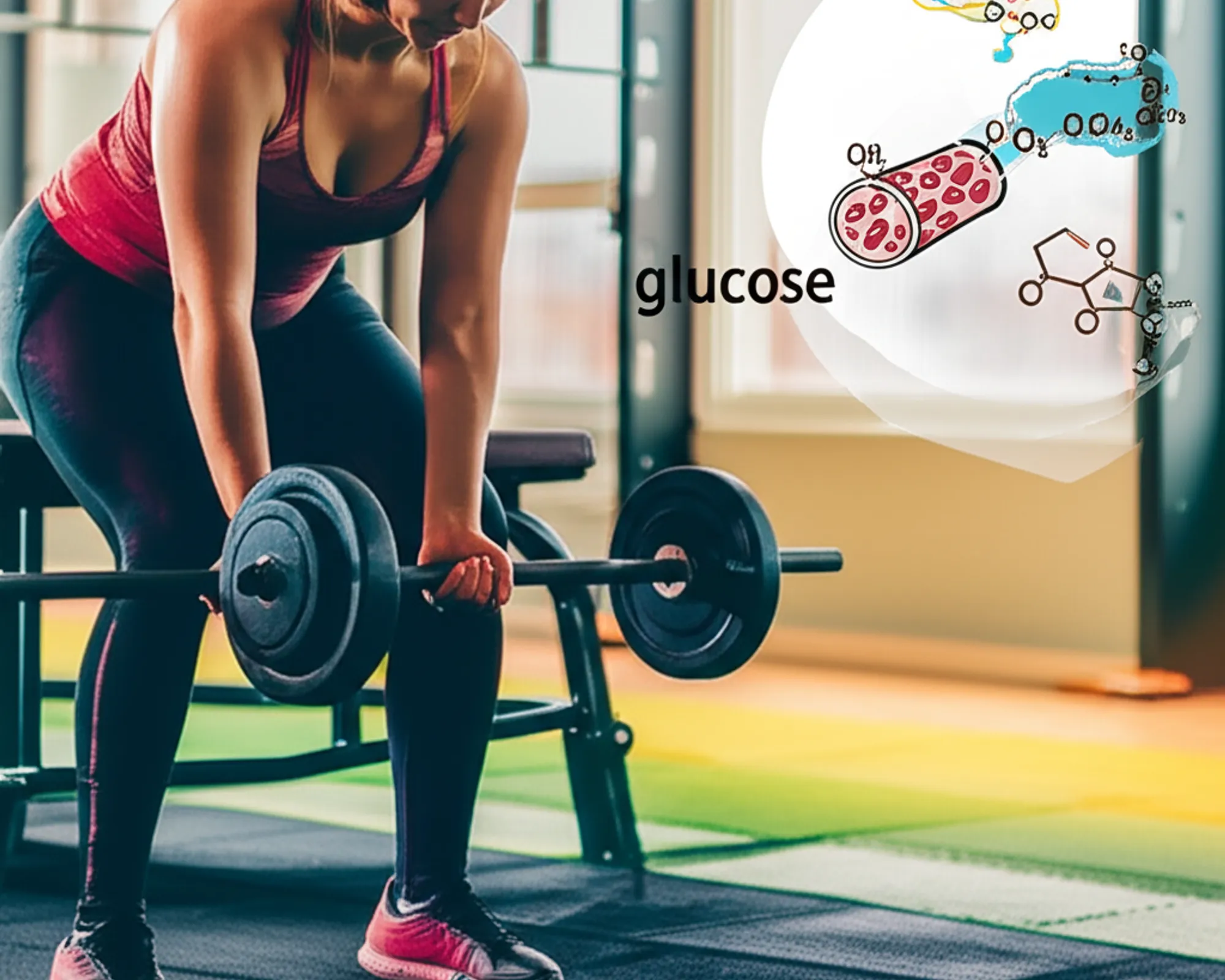 Athlete lifting weights with scientific diagrams of carbohydrates and muscle fibers superimposed, illustrating the link between diet and muscle growth.