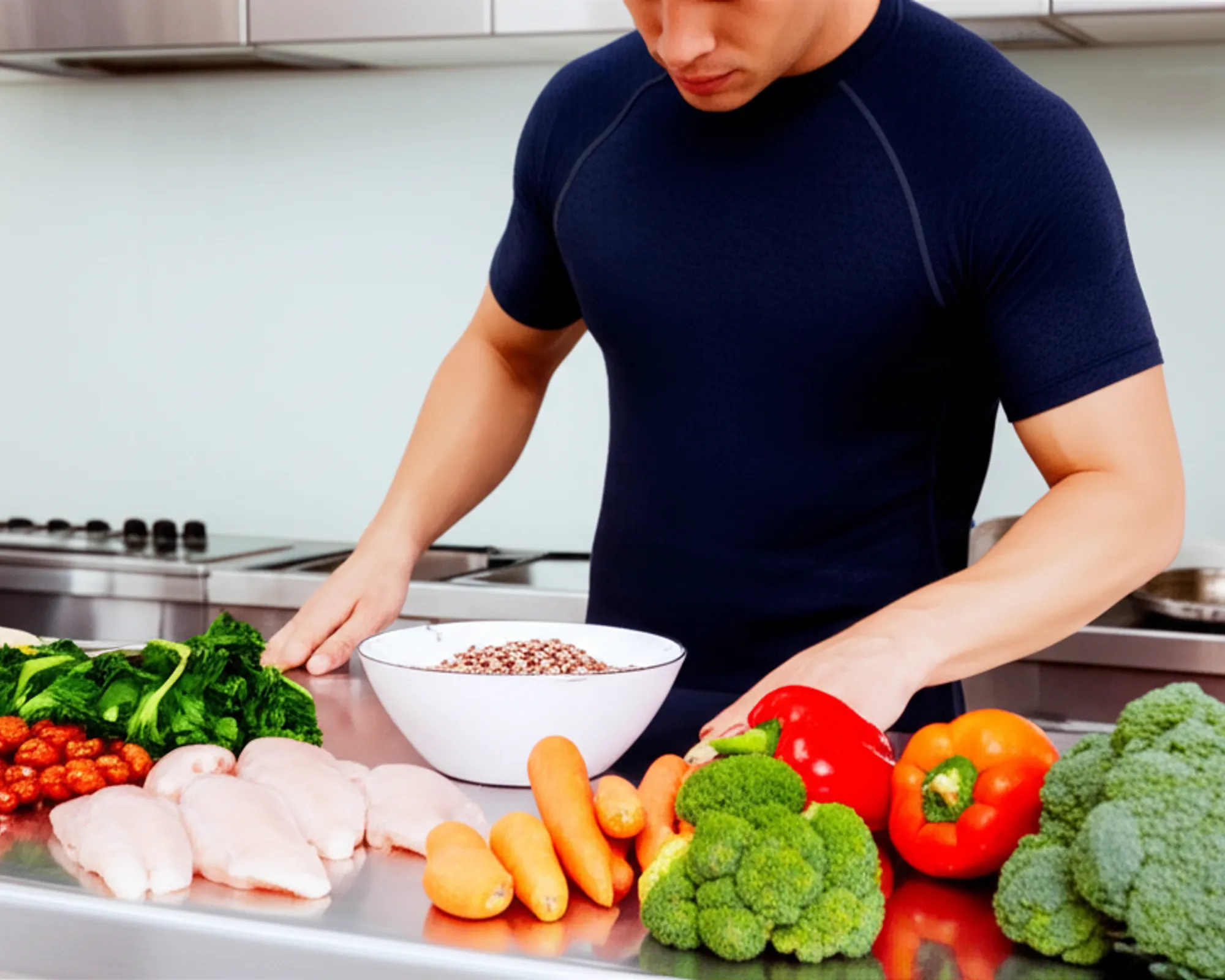 Athlete preparing a macro-friendly meal for hypertrophy training, featuring lean protein, complex carbohydrates, and healthy fats.
