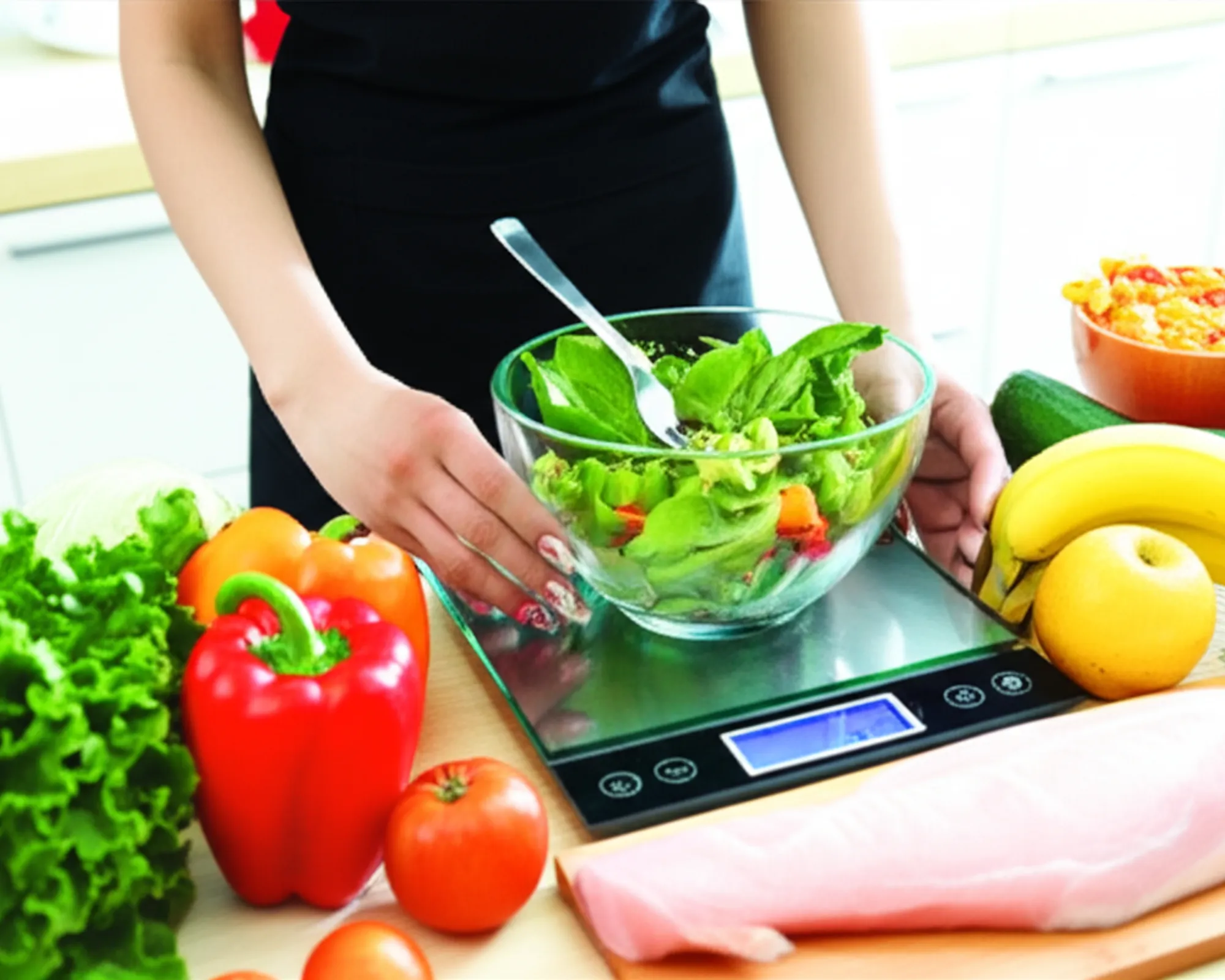 A person weighing chicken breast on a digital food scale in a kitchen setting.