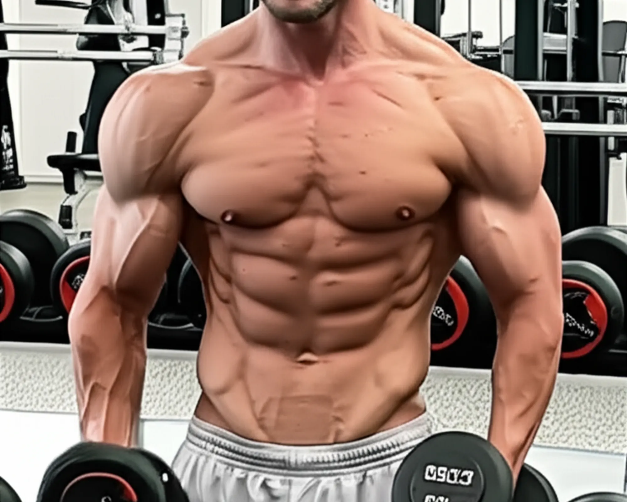 A man with a muscular physique performing a bicep curl with dumbbells in a gym.