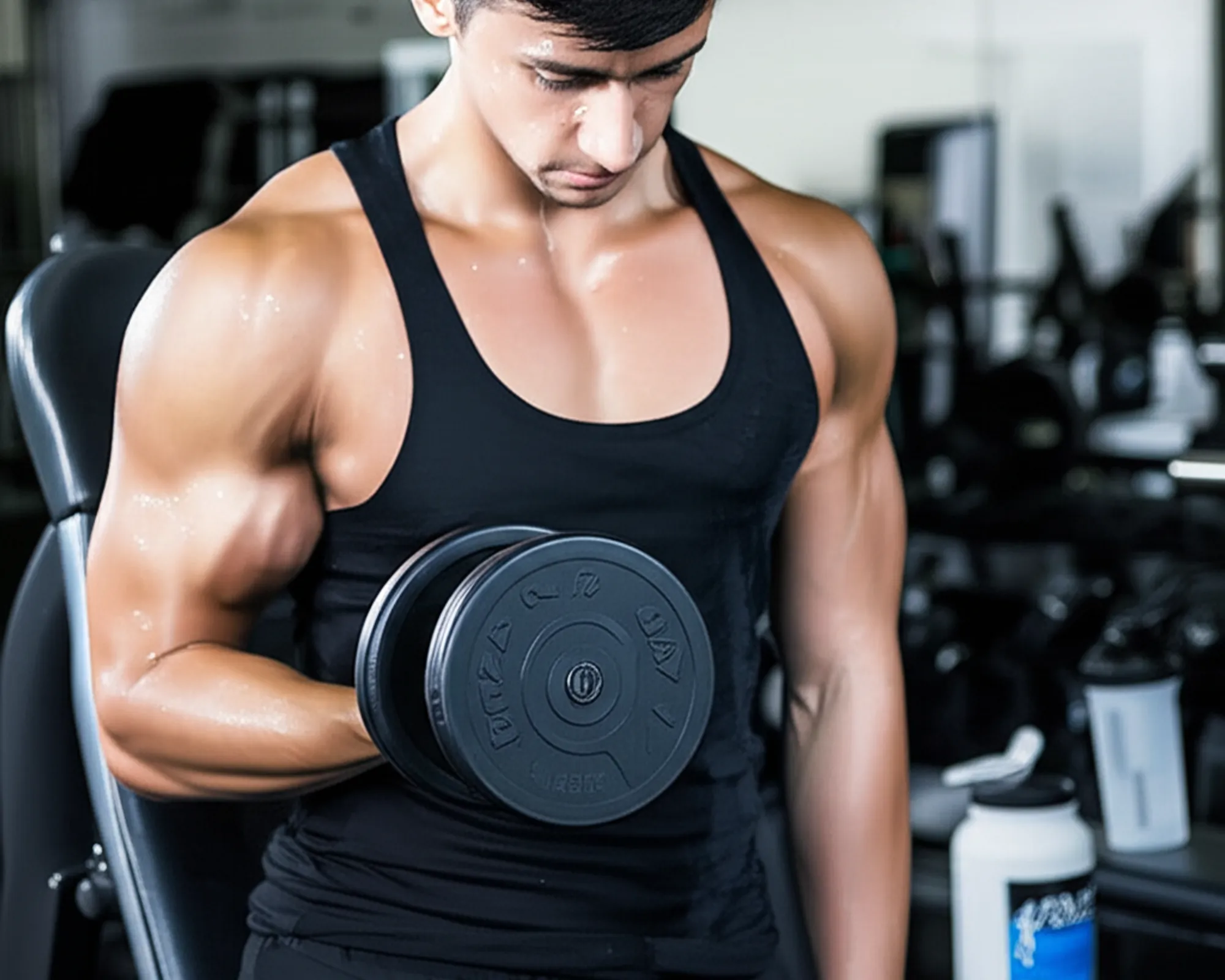Athlete training with weights, emphasizing muscle growth, with protein supplements nearby.