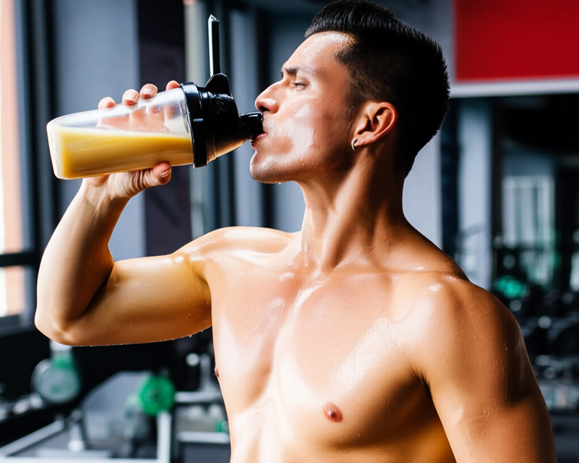 Athlete consuming a protein shake post-workout, focusing on muscle recovery.