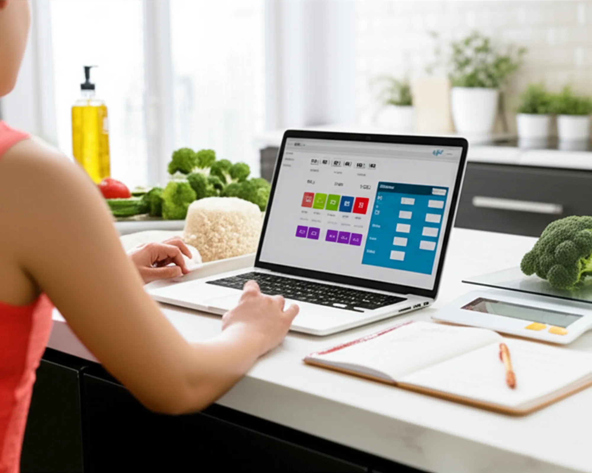 Fitness beginner calculating macros using a laptop and food scale with healthy food.