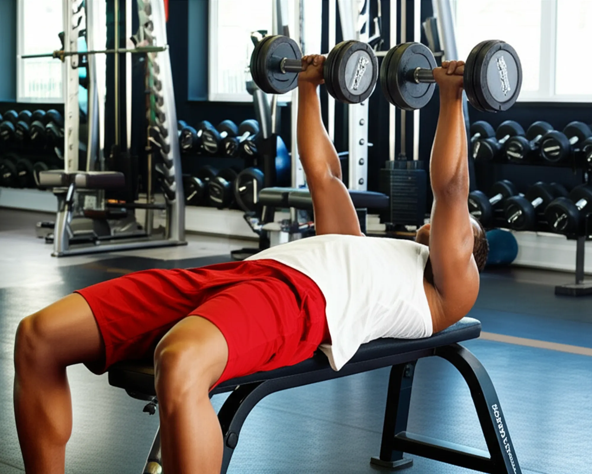 An athlete performing a dumbbell press with excellent form and control, focusing on safety and proper technique in a gym setting.