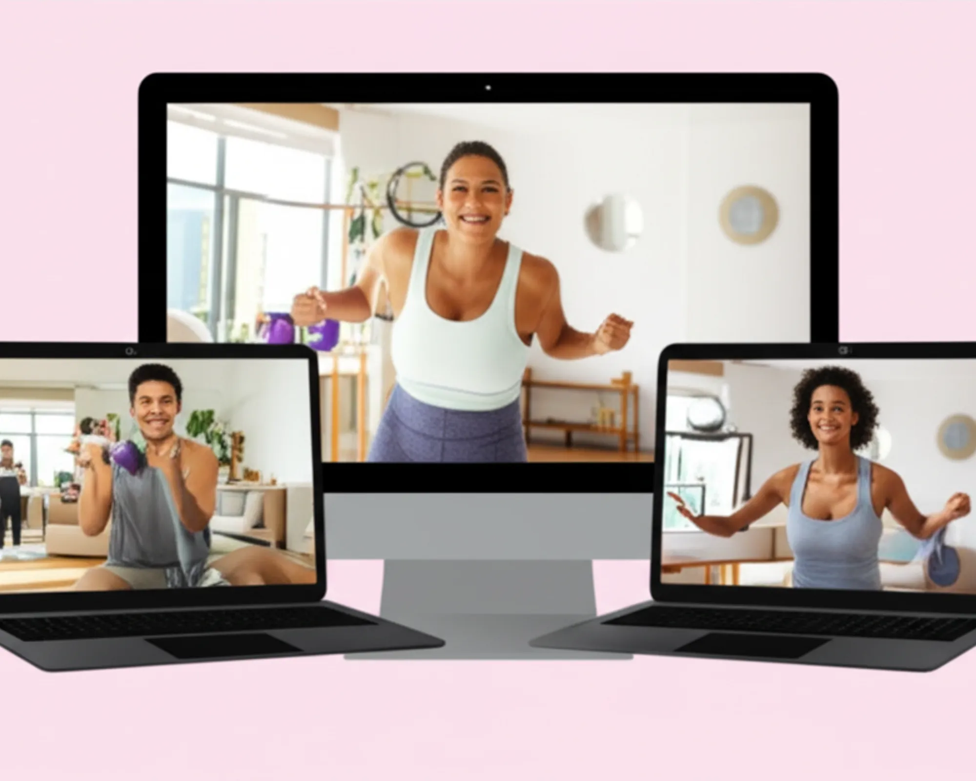 Diverse individuals of various ages and body types happily engaging in home workouts, guided by online fitness programs on their digital devices.