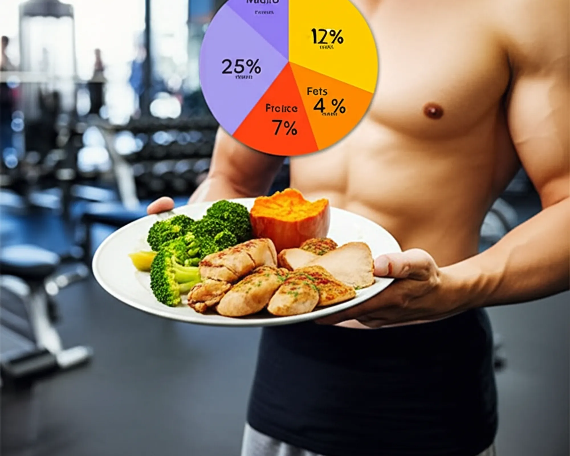 Athlete holding a balanced meal, illustrating macronutrient intake for weight loss in a gym environment.