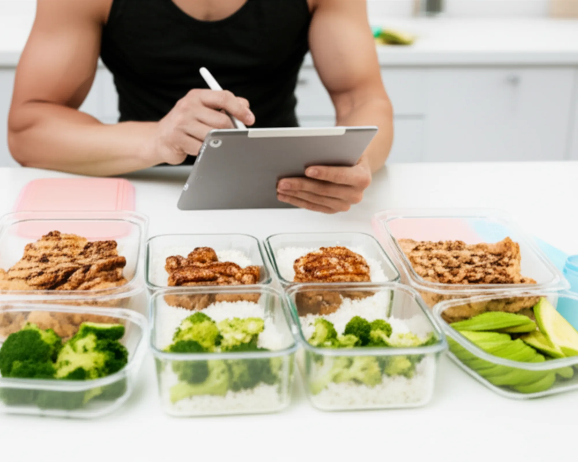 Bodybuilder planning their macro-balanced meal prep with various protein, carb, and fat sources.