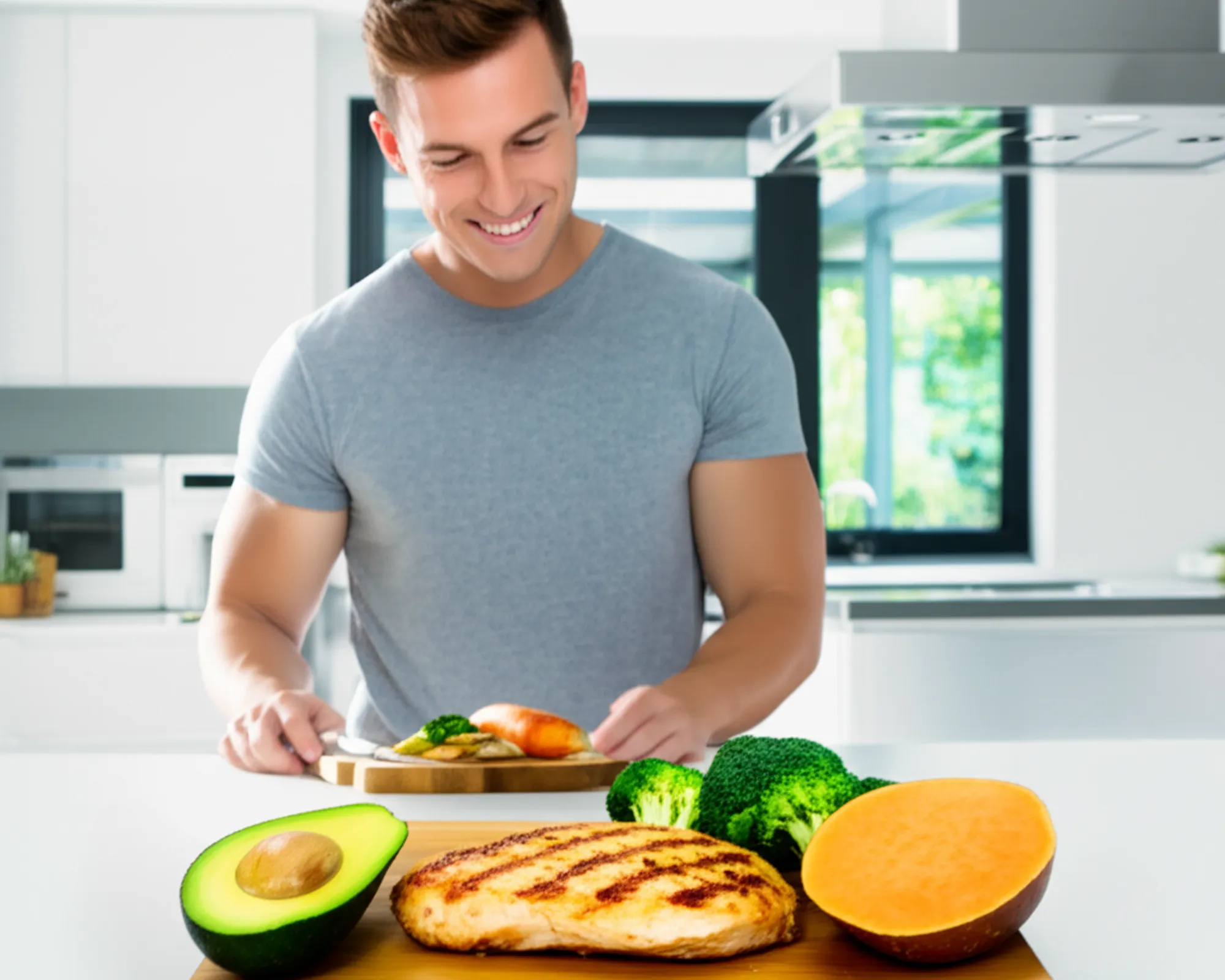 A person preparing a balanced meal with protein, carbs, and healthy fats, illustrating the science of macronutrients for muscle growth.