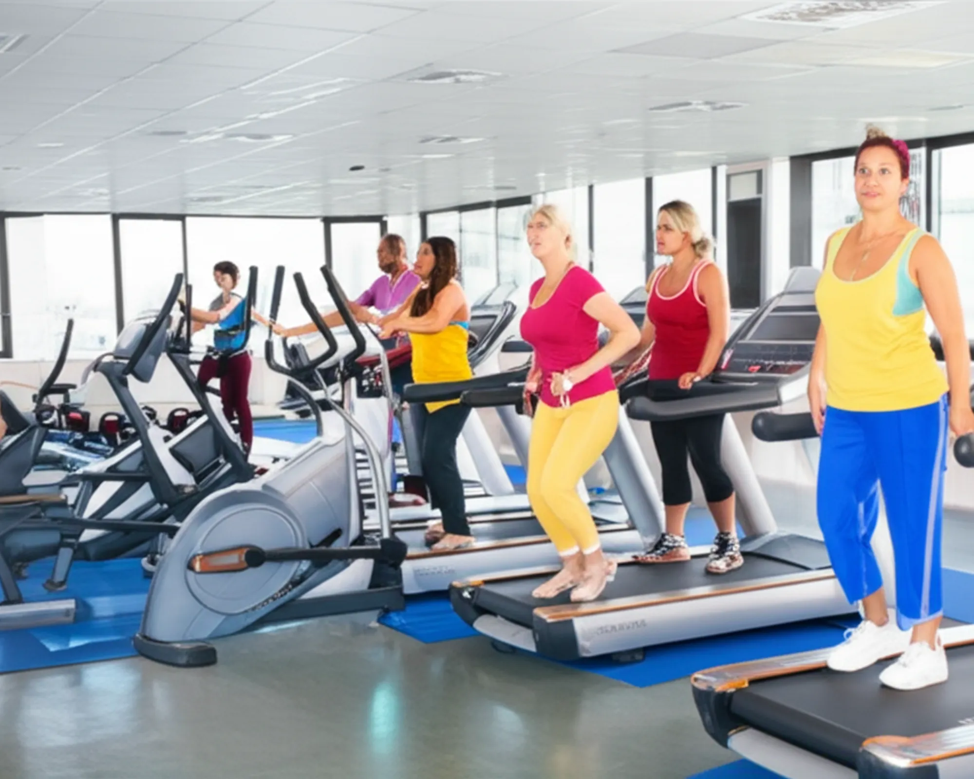 Beginners using various gym equipment under soft, encouraging lighting.