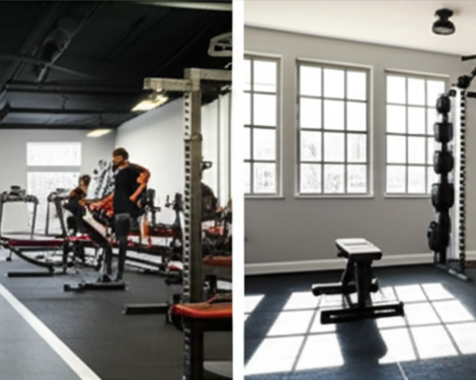 Comparison between a bustling commercial gym and a serene home gym setup.