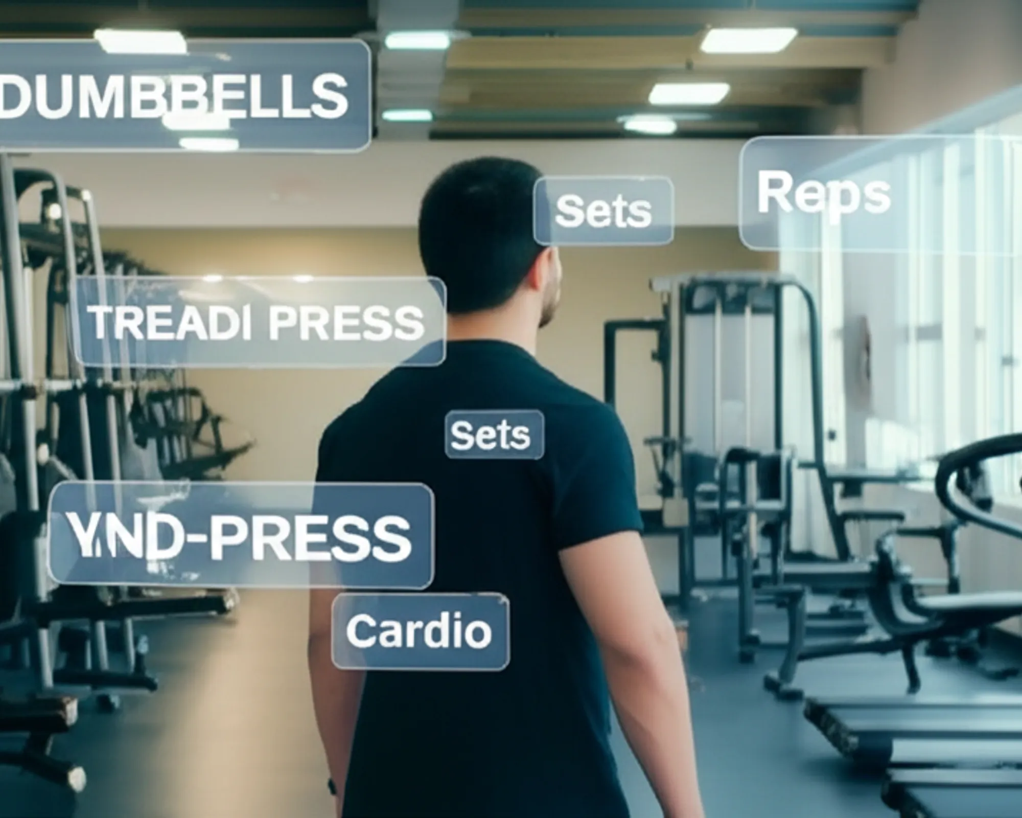 A person confidently navigating gym equipment, surrounded by fitness terms.