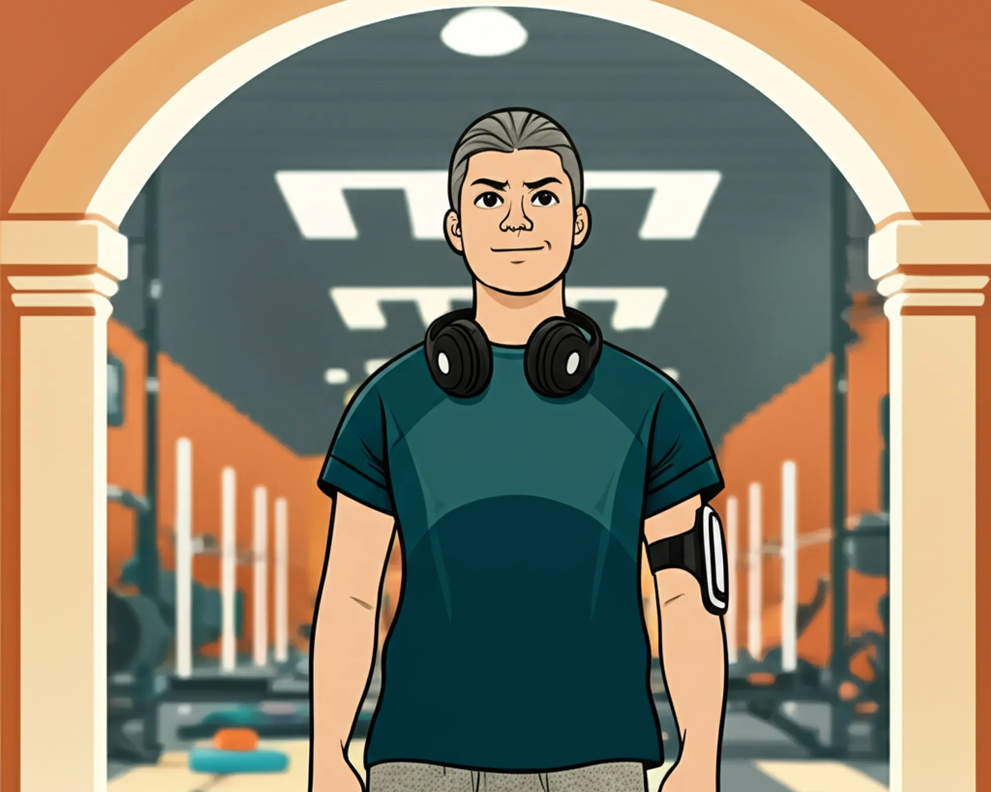 New gym-goer standing confidently at the entrance of a modern gym, looking ready to start their workout.