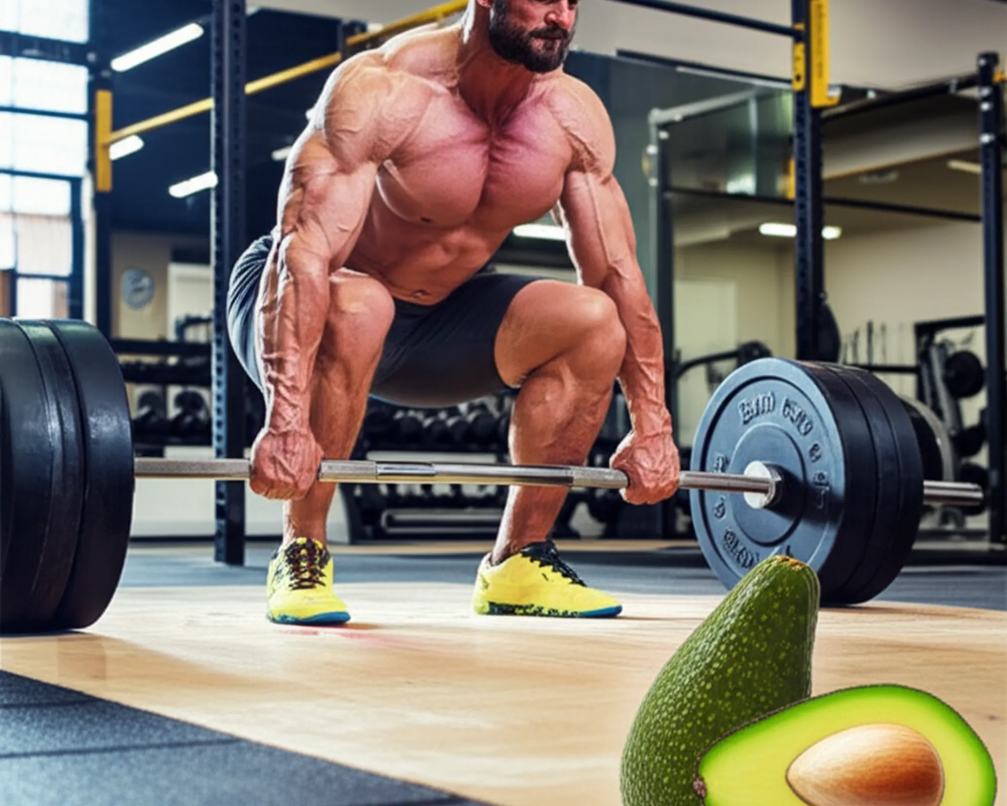 Athlete performing a heavy lift, emphasizing the link between healthy fat intake and testosterone for gym performance.