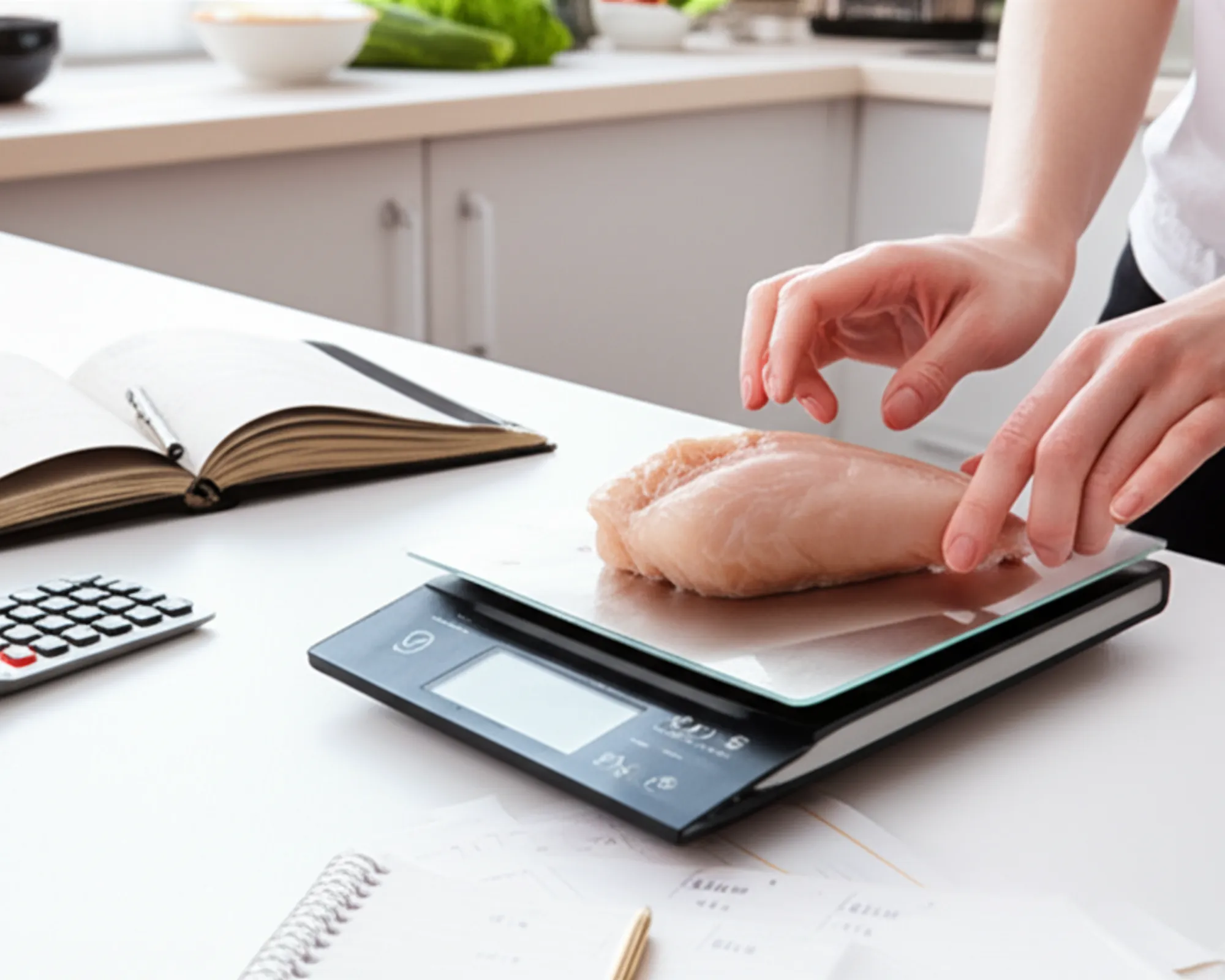 Person meticulously weighing chicken on a digital food scale, surrounded by a calculator and notebook, symbolizing precise calorie and macro tracking for a deficit.