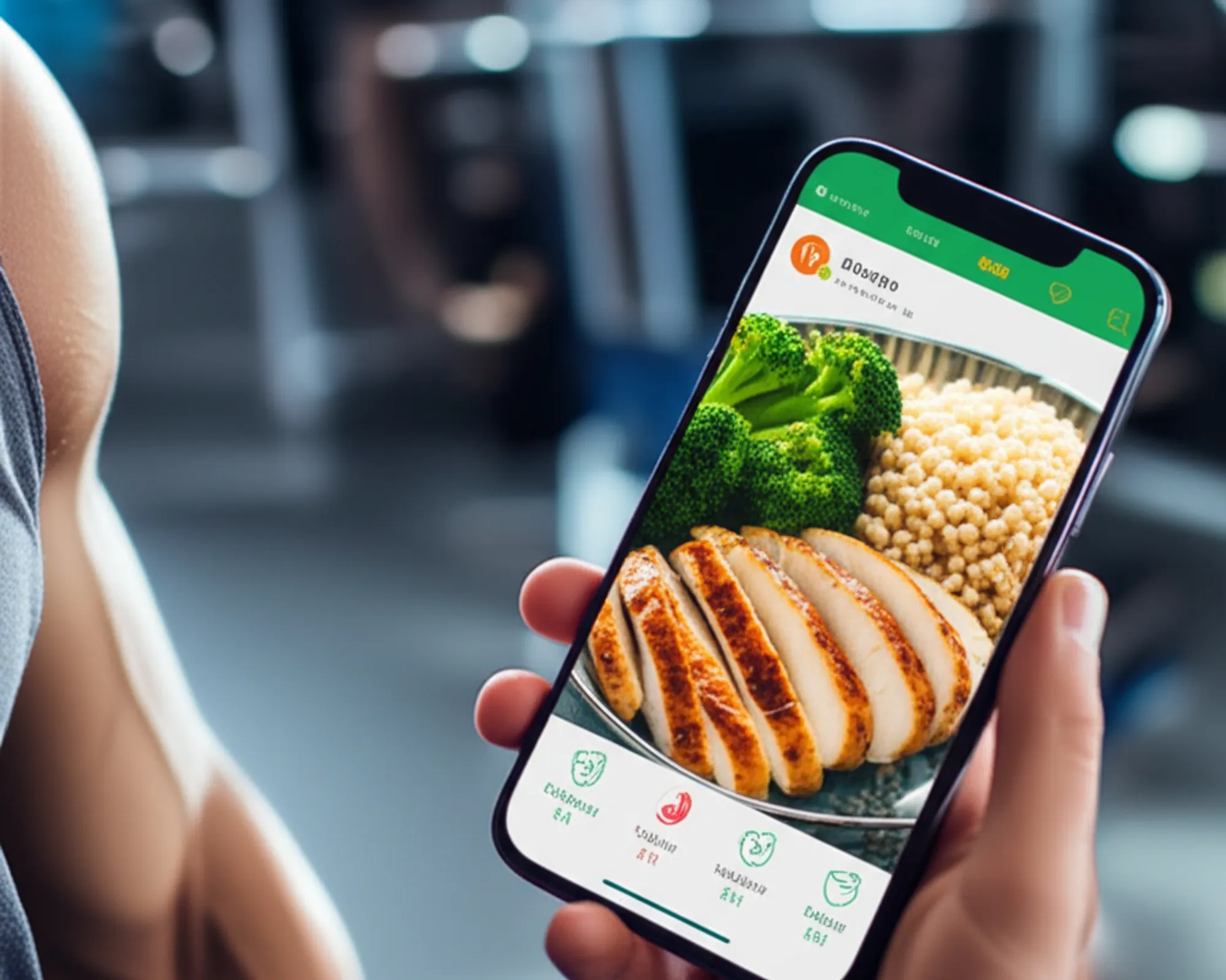 Athlete using a macro tracking app on a smartphone, with a balanced, healthy meal and gym equipment in the background.